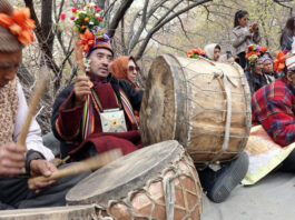 Drum beaters at Apricot Blossom Festival in Kargil on Wednesday.