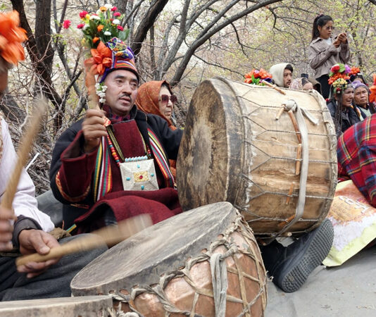 Drum beaters at Apricot Blossom Festival in Kargil on Wednesday.