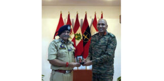 Northern Army Commander Lt Gen Pratik Sharma felicitating DIG Shiv Kumar Sharma with Operation Sindoor Medal in Udhampur on Wednesday.