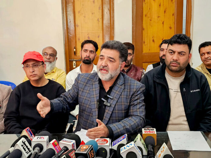 EJAC leaders during a press conference in Srinagar on Wednesday. -Execlsior/Shakeel