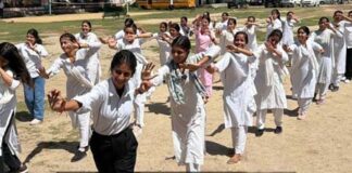 Self defence training being imparted to girl students on Friday.