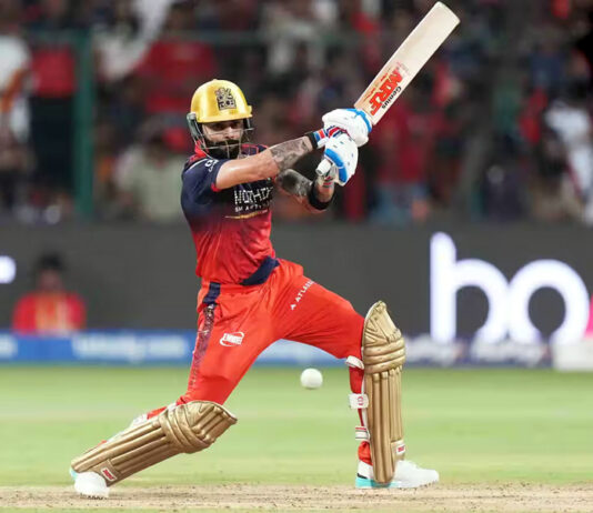 Virat Kohli playing a shot during his inning of 81 runs against Gujarat Titans on Friday.