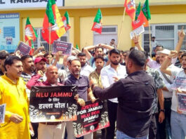 Activists of BJYM staging a protest in Ramban.