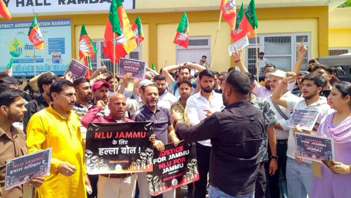 Activists of BJYM staging a protest in Ramban.