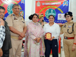 A participant being presented with a memento during an awareness programme at 15 IR Battalion headquarters in Jammu on Thursday.