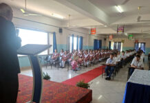 Renowned environmentalist Dr CM Seth addressing students during a programme.