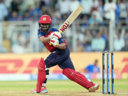 Prabhsimran playing a shot during his unbeaten inning of 80 runs against MI in Mumbai.