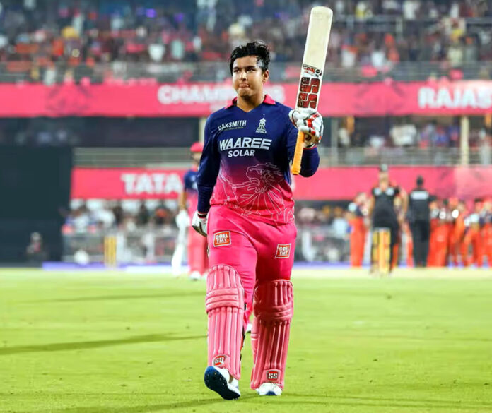 Vaibhav Sooryavanshi raising bat after scoring 78 runs against RCB.