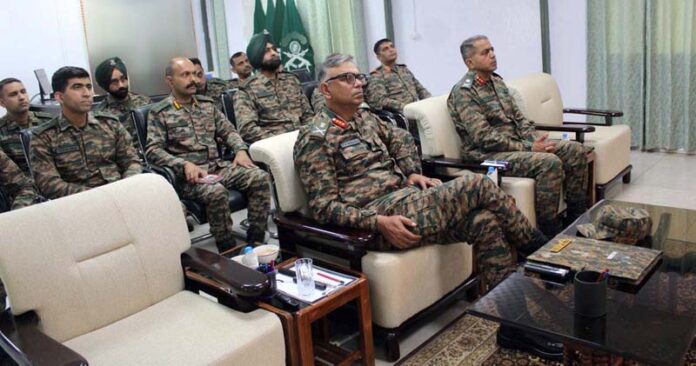 GOC White Knight Corps, Lt Gen PK Mishra, during interaction with field officers in Rajouri sector on Thursday.