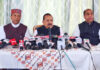 Union Minister Dr Jitendra Singh addressing a press conference at Shimla on Sunday. Also seen are former Chief Minister Jairam Thakur and Himachal State BJP President Dr Rajiv Bindal.