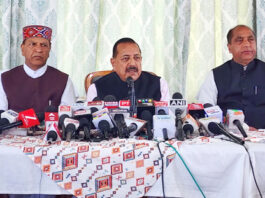 Union Minister Dr Jitendra Singh addressing a press conference at Shimla on Sunday. Also seen are former Chief Minister Jairam Thakur and Himachal State BJP President Dr Rajiv Bindal.