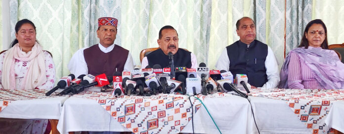 Union Minister Dr Jitendra Singh addressing a press conference at Shimla on Sunday. Also seen are former Chief Minister Jairam Thakur and Himachal State BJP President Dr Rajiv Bindal.