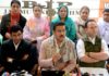 Union Minister Rajyavardhan Singh Rathore along with LoP Sunil Sharma during a press conference at Srinagar on Thursday.