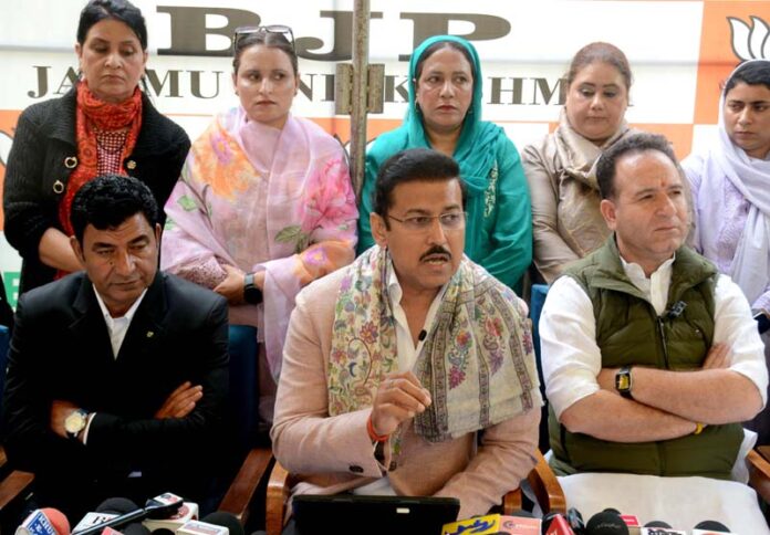 Union Minister Rajyavardhan Singh Rathore along with LoP Sunil Sharma during a press conference at Srinagar on Thursday.