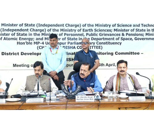 Union Minister Dr Jitendra Singh, flanked by local MLAs, chairing the DISHA meeting of district Udhampur on Monday.