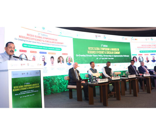 Union Minister Dr Jitendra Singh addressing the "Global Symposium on Resource Efficiency and Circular Economy", organised by FICCI at New Delhi on Monday.