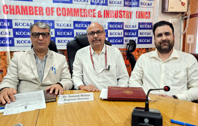 Officers of Ministry of Corporate Affairs addressing media at Srinagar on Monday. -Excelsior/Shakeel