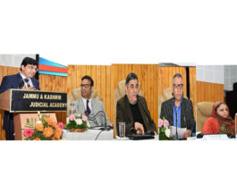 Justice Shahzad Azeem delivering inaugural address at Judicial Academy Srinagar on Saturday.