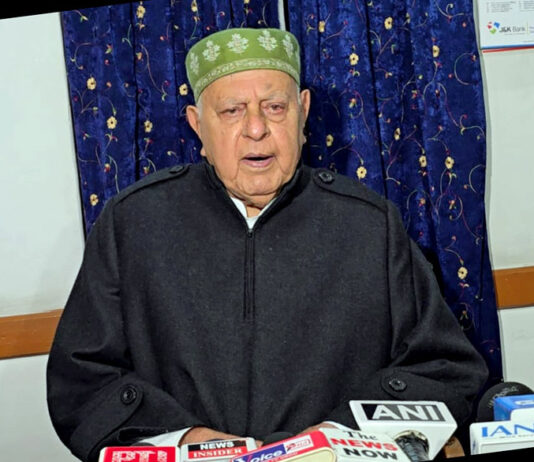 NC president Dr Farooq Abdullah speaking to media persons in Srinagar on Wednesday. -Excelsior/Shakeel