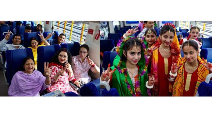 Passengers on board Vande Bharat from Jammu to Srinagar expressing their joyous experience on Thursday. -Excelsior/Rakesh