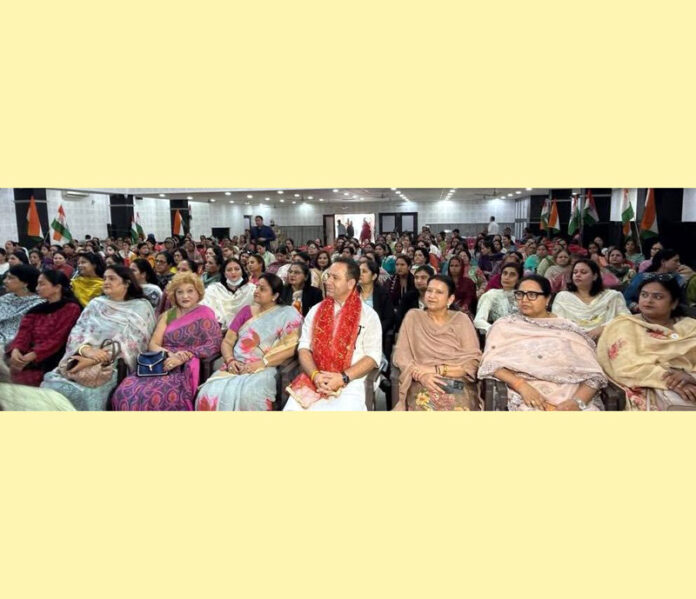 LoP, Sunil Sharma along with women representatives of various organisations during ‘Nari Shakti Vandan Adhiniyam- Mahila Samvad’ at Jammu on Wednesday.