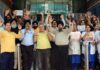 Non gazetted employees of Health and medical colleges along with their representatives during a protest at Government Hospital, Gandhi Nagar, Jammu.