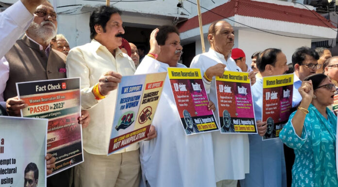 Congress leaders and workers staging protest in Jammu on Wednesday. -Excelsior/Rakesh