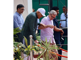 Jammu and Kashmir Chief Minister Omar Abdullah along with National Conference party’ president Dr Farooq Abdullah at Civil Secretariat in Jammu on Thursday.