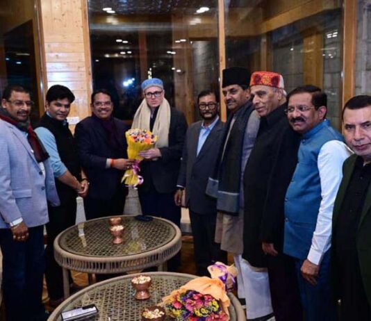 Parliamentary Standing Committee members meeting CM at Gulmarg on Monday.