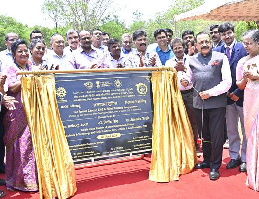 Union Minister Dr Jitendra Singh laying the foundation stone of 30 single occupancy hostel building for trainees at 'Central Food Technology Research Institute' (CFTRI) Mysuru on Friday.