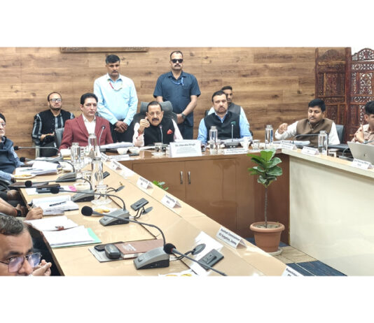Union Minister Dr Jitendra Singh chairing the DISHA meeting of district Doda on Tuesday.