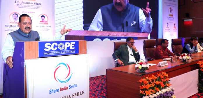 Union Minister Dr Jitendra Singh speaking after felicitating successful candidates of Civil Services Examination (CSE) 2025, at Scope Complex, New Delhi on Saturday.