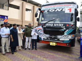 Minister Sakeena Itoo flagging off group of students for exposure tour on Wednesday.