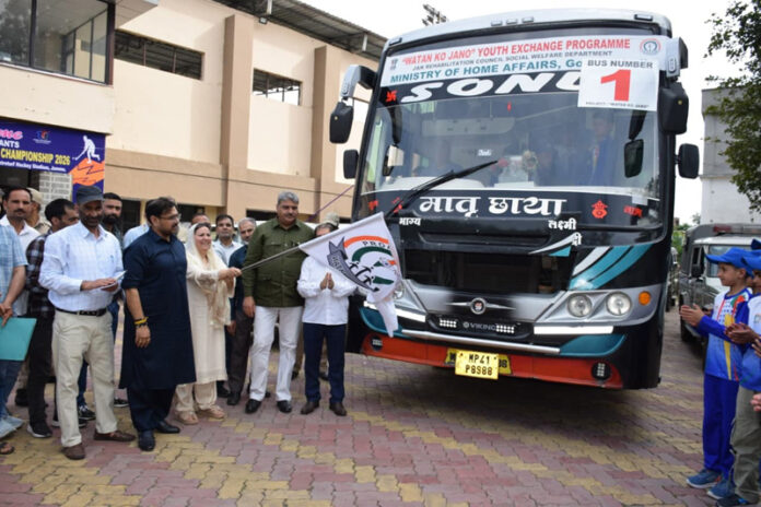 Minister Sakeena Itoo flagging off group of students for exposure tour on Wednesday.