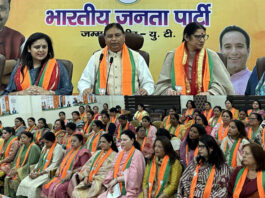 BJP leaders during party's Mahila Morcha meeting at Jammu on Thursday.