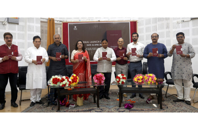 Dignitaries releasing Satyarth Pandita's Grammar of Void at Jammu on Sunday. -Excelsior/Rakesh