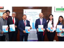Union Minister Dr Jitendra Singh releasing the second edition of the Postgraduate Textbook of ‘Pediatric Gastroenterology, Hepatology and Nutrition’, at New Delhi on Tuesday. Also seen are the Editors of the book Prof Anupam Sibal and Dr Sarath Gopalan.