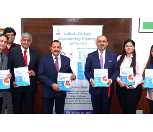 Union Minister Dr Jitendra Singh releasing the second edition of the Postgraduate Textbook of ‘Pediatric Gastroenterology, Hepatology and Nutrition’, at New Delhi on Tuesday. Also seen are the Editors of the book Prof Anupam Sibal and Dr Sarath Gopalan.