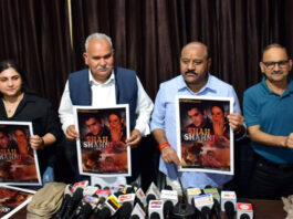 Deputy CM Surinder Choudhary and other dignitaries launching the poster of Dogri film ‘Shah Shahni’ in Jammu on Sunday.