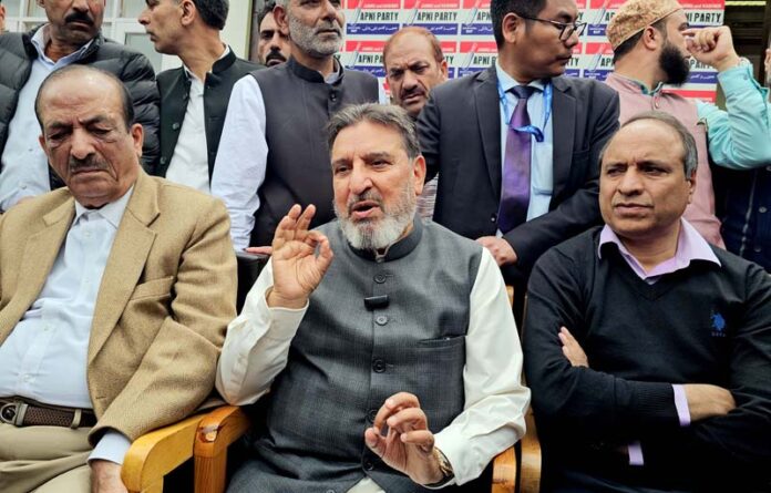 Apni Party president Altaf Bukhari speaking to media persons in Srinagar on Friday. -Excelsior/Shakeel