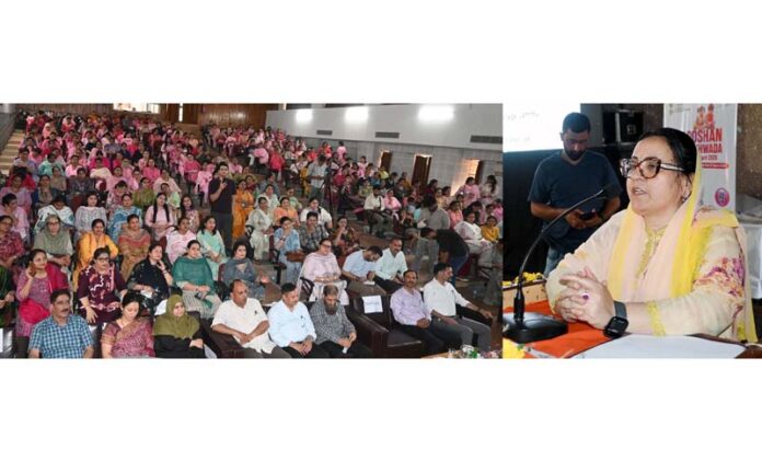 Minister Sakeena Itoo addressing Poshan Pakhwada celebrations at Jammu on Friday.