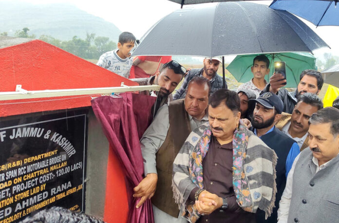 Minister Javed Rana laying foundation stone of a project on Tuesday.