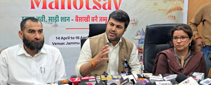 JMC Commissioner, Dr. Devansh Yadav along with others addressing a press conference in Jammu on Wednesday. —Excelsior/Rakesh