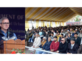 CM Omar Abdullah addressing a gathering in Srinagar on Thursday.