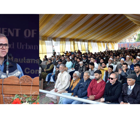 CM Omar Abdullah addressing a gathering in Srinagar on Thursday.