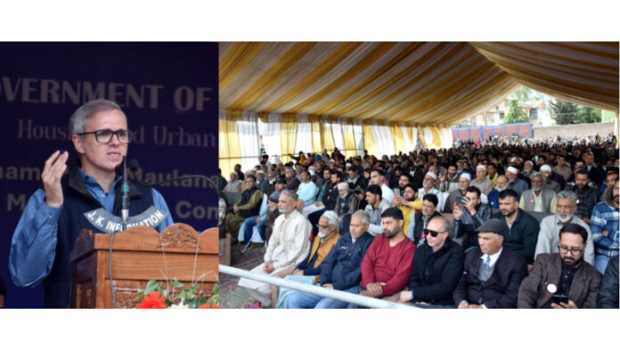 CM Omar Abdullah addressing a gathering in Srinagar on Thursday.