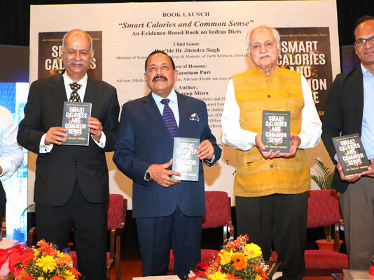 Union Minister Dr Jitendra Singh releasing the book “Smart Calories and Common Sense : An Evidence-Based Guide to Indian Diets”, authored by Senior Diabetologist Dr Anoop Misra, at India International Centre, New Delhi on Wednesday.