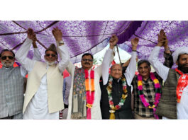 Senior NC leader and Minister for Jal Shakti, Forests and Tribal Affairs, Javed Rana and others during workers’ meeting in Bhaderwah.
