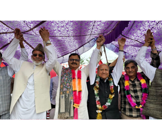 Senior NC leader and Minister for Jal Shakti, Forests and Tribal Affairs, Javed Rana and others during workers’ meeting in Bhaderwah.
