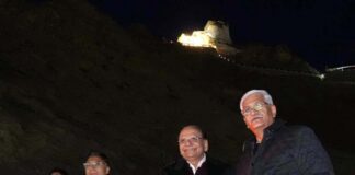 Union Minister Gajendra Singh Shekhawat along with LG Ladakh V K Saxena watching Sound and Light show at Leh Palace.